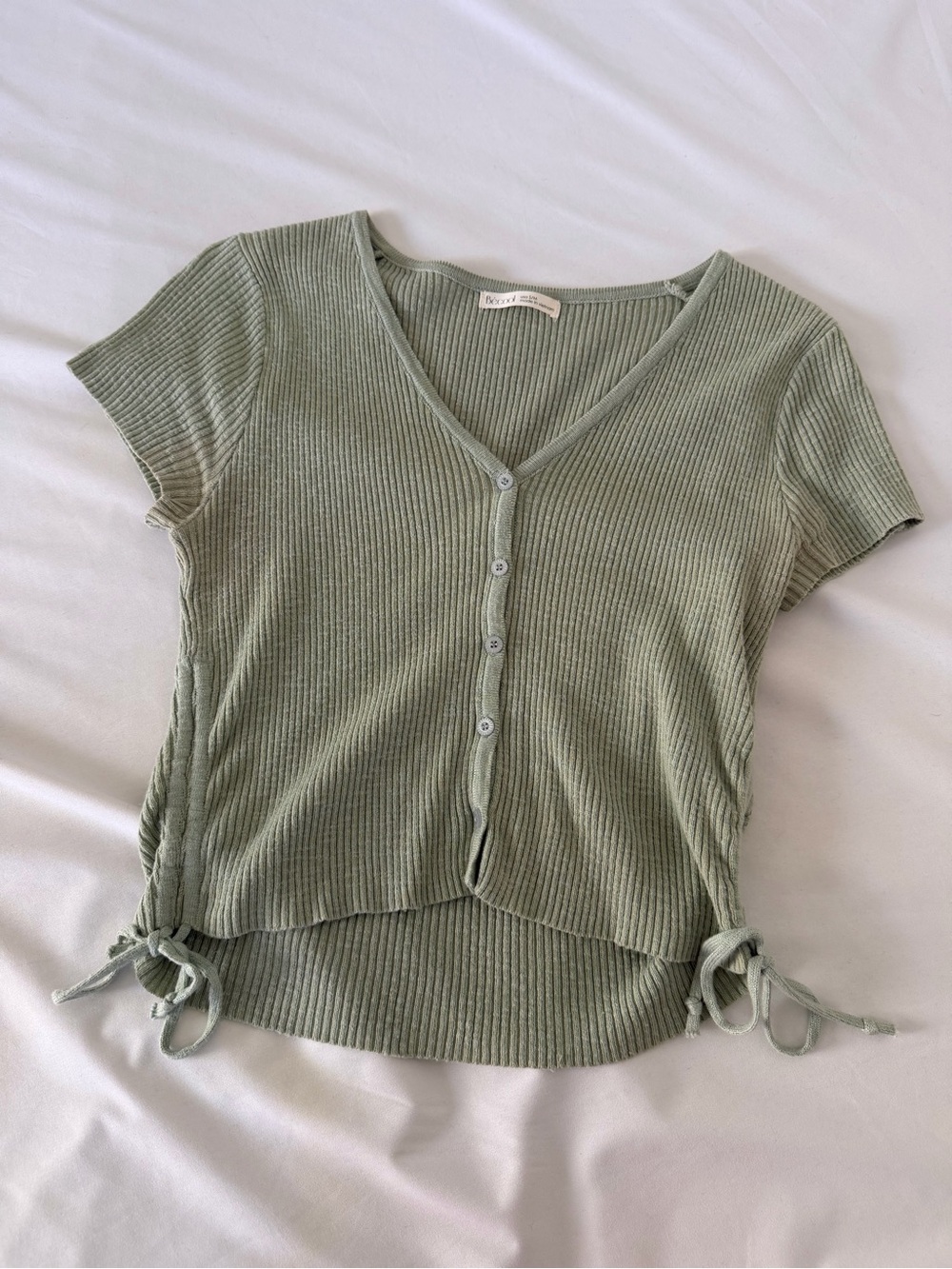 Button-Front Ribbed V-Neck Top with Side Ties in Sage